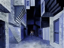 a cartoon character is running through a dark alleyway with stairs and buildings .