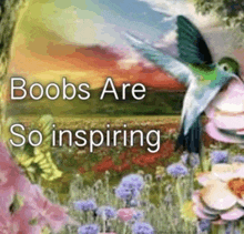 a hummingbird is flying in a field of flowers with the words boobs are so inspiring