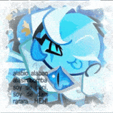 a drawing of a blue cartoon character with sunglasses and a tear coming out of his eye .