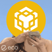 a woman holding a stack of money in front of a yellow circle with the word eco on the bottom