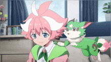 a girl with pink hair is standing next to a green fox