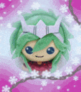 a cartoon character with green hair and blue eyes on a pink background