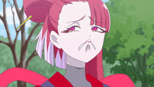 a cartoon character with pink hair and purple eyes making a sad face
