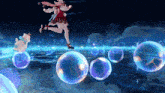 a girl in a red dress is jumping in the air surrounded by bubbles