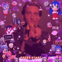 a picture of a man surrounded by cartoon characters and the words press start
