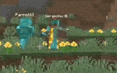 a person is playing a video game called minecraft and a blue parrot is standing in the grass .
