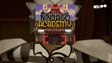 a ninjago academy poster is displayed on a cartoon character