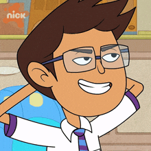 a cartoon character with glasses and a nick logo