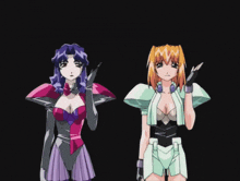 two anime girls are standing next to each other on a dark background