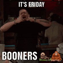 a man taking off his shirt with the words it 's friday boomers on the bottom