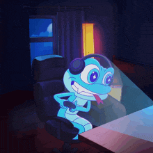 a cartoon frog wearing headphones is sitting in a chair