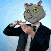 a man in a suit and tie with a cat mask on his head