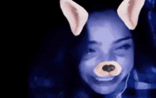 a close up of a woman wearing a dog face mask