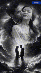 a black and white photo of a man kissing a woman on the cheek with wella written on the bottom
