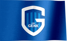 a blue flag with a white shield and the words krc genk on it