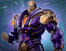 a man in a purple and gold armor stands in front of a muglife.com website