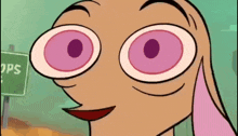 a close up of a cartoon character 's face in front of a sign that says stops