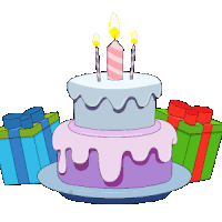 a birthday cake with three candles and gifts in the background
