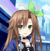 a girl with a green leaf in her hair