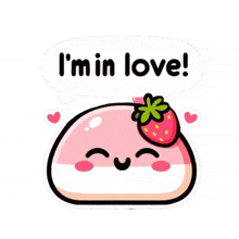 a sticker with a strawberry on it and the words `` i 'm in love ''