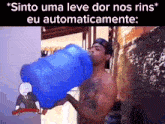 a man is drinking from a large blue bottle