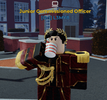a video game character named junior commissioned officer is drinking from a cup