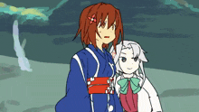 two anime characters are standing next to each other