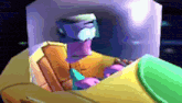 a cartoon character is sitting in a yellow and green spaceship .