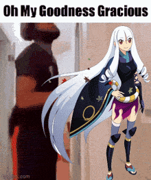 a cartoon of a girl with long white hair standing next to a man