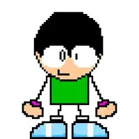 a pixel art of a boy wearing a green shirt and blue shoes