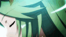a close up of a person 's face with green hair and a hat .