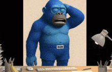 a blue gorilla with ron written on his pants