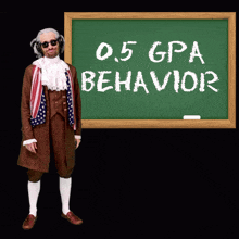 a man stands in front of a green board that says 0.5 gpa behavior