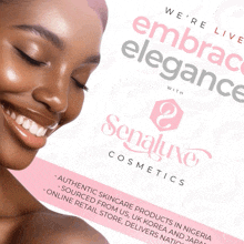 a woman is smiling next to a sign that says senaluxe cosmetics