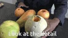 a person holding a melon with the words look at the detail written below it