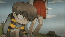 a cartoon character with a yellow and black striped shirt is sitting in the grass