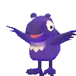 a purple bird with wings is standing with its arms outstretched .