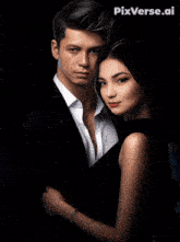 a man and a woman are kissing in front of a black background with the letters pk on it