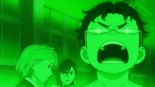 a man with glasses is screaming with his mouth wide open