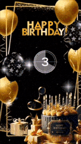 a happy birthday greeting card with a cake , balloons , gifts and a timer .