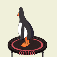 a penguin is sitting on top of a trampoline with its legs crossed