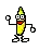 a pixel art drawing of a banana with glasses and a red mouth .