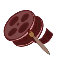 a cartoon drawing of a film reel with a brush on it