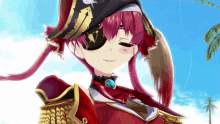 a girl with red hair is wearing a pirate outfit