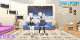 two anime girls are dancing in a living room with nintendo switch written on the wall