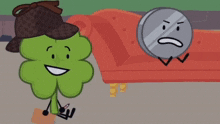 a cartoon of a clover holding a pen next to a coin with a sad face