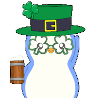 a penguin wearing a green hat and sunglasses holds a beer mug