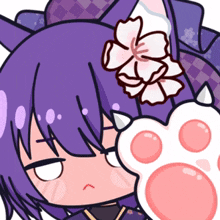 a cartoon character with purple hair has a flower in her hair and a cat paw