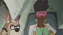 a cartoon of a woman and a dog wearing sunglasses