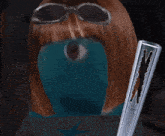 a drawing of a woman with a blue face and sunglasses